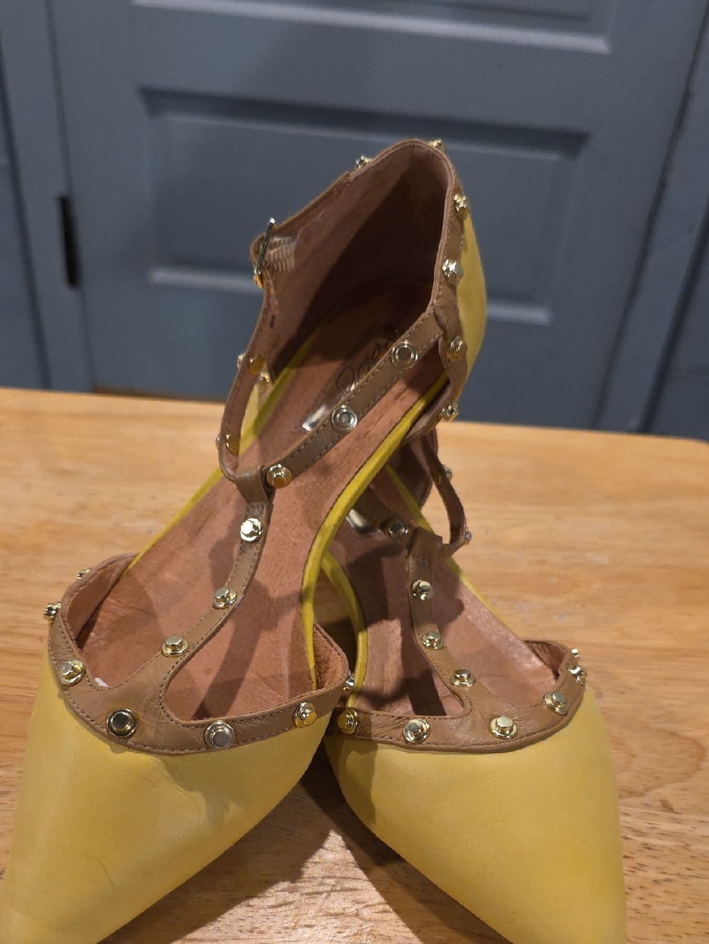 Studded Yellow Pointed T-Strap Flats
